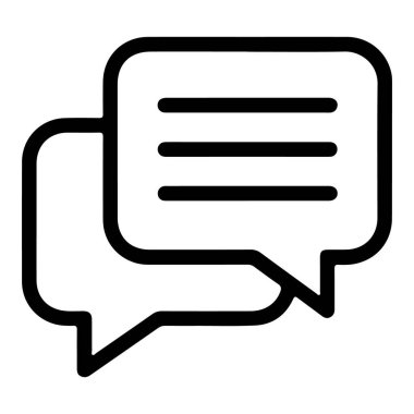 İki sohbet baloncuğunu temsil eden minimalist siyah beyaz çizgi resim simgesi, biri metin satırlı.