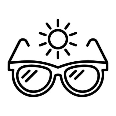 Üzerinde parlak bir güneş olan güneş gözlüğü tasvir eden minimalist siyah beyaz bir çizgi..