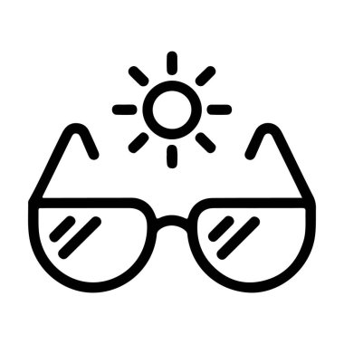 Güneş gözlüğü tasvir eden basit bir çizgi sanat simgesi. Üzerinde güneş sembolü var. Güneşli havayı ve göz korumasını temsil ediyor..