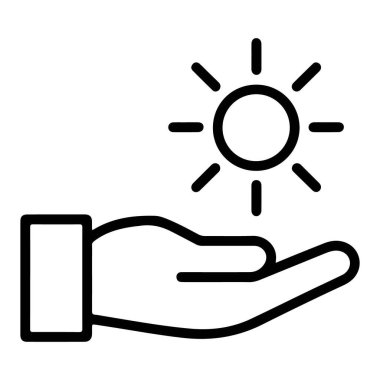 Açık bir eli tasvir eden basit bir çizgi sanat simgesi. Şekil verilmiş bir güneşi ışınlarla tutuyor..