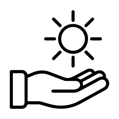 Güneş enerjisini ya da sıcaklığı sembolize eden açık bir elin basit bir çizgi sanat simgesi..