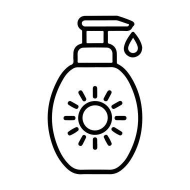 Güneş sembolü olan bir pompa şişesinin basit bir çizimi ve şeker kutusundan düşen bir damla sıvı..