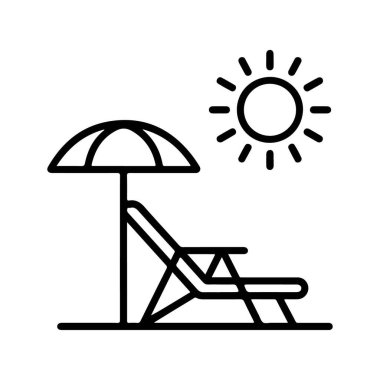 Bir minimalist çizgi bir şezlong, şemsiye ve güneş tasvir eder, bir rahatlama hissi uyandırır ve yaz.