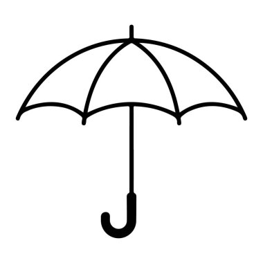 Beyaz arka planda kıvrımlı bir sapı olan açık bir şemsiyenin minimalist çizgisi..