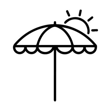 Bir minimalist çizgi, deniz tarağı kenarlı bir plaj şemsiyesi ve stilize bir güneş tasvir eder..