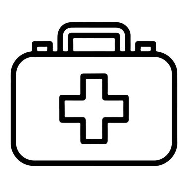Belirgin bir haç sembolü olan tıbbi ilk yardım çantasının minimalist siyah beyaz çizimi..