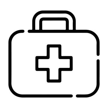 Belirgin bir haç sembolü olan bir ilk yardım çantasının minimalist siyah beyaz çizimi..