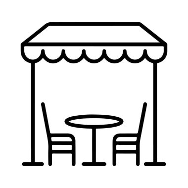 Minimalist bir çizgi sanat ikonu, bir gölgeliğin altında iki sandalyeli açık hava masasını tasvir ediyor..