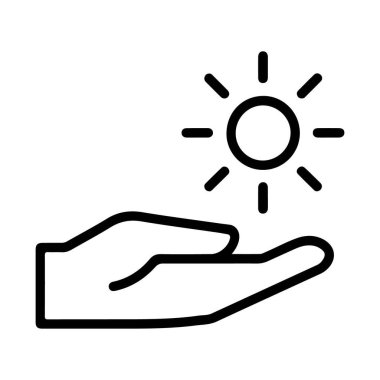 Üzerinde güneş olan açık bir elin basit bir siyah beyaz çizgisi..