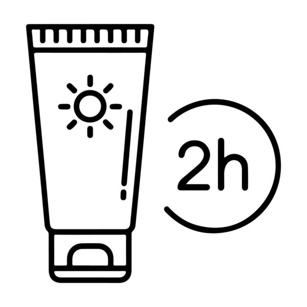 Линия иконки солнцезащитного крема трубки с солнцем и круглый таймер, указывающий на два часа.