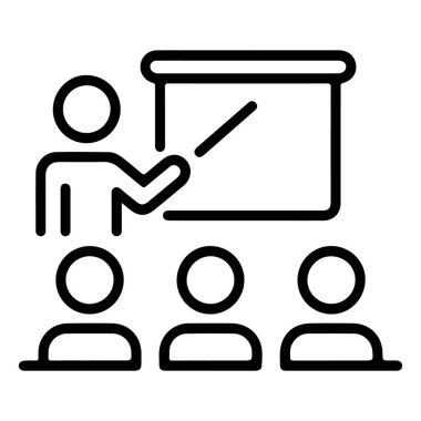 Öğrenciler dinlerken bir öğretmeni beyaz tahtayı işaret eden basit bir çizgi resim simgesi.