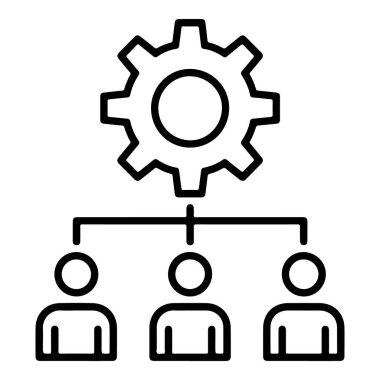 Üç bağlantılı insan figürünün üzerindeki bir vitesi tasvir eden basit bir çizgi sanat simgesi, yönetim ve işbirliğini sembolize ediyor.