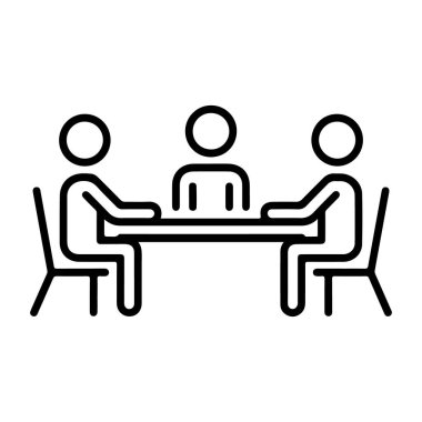 Bir masada oturan üç stilize figürü tasvir eden basit bir çizgi sanat ikonu, bir toplantı veya tartışma öneriyor.