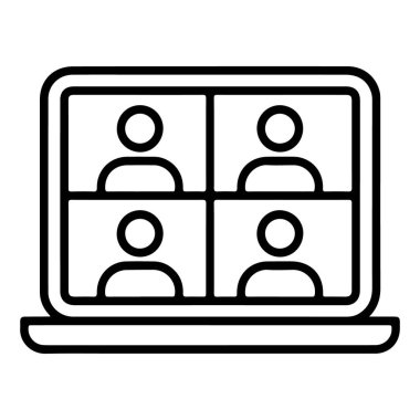 İnsanların simgeleriyle dört yönlü bir video görüşmesini gösteren basit bir dizüstü bilgisayar çizgisi çizimi.