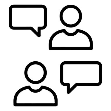 Şekillendirilmiş figürler ve konuşma baloncuklarıyla temsil edilen iki kişiyi tasvir eden basit bir çizgi sanat simgesi.