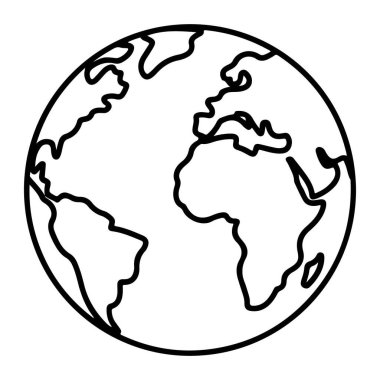 Dünya gezegeninin minimalist siyah beyaz çizgisi, kıtalarını ve okyanuslarını vurguluyor..