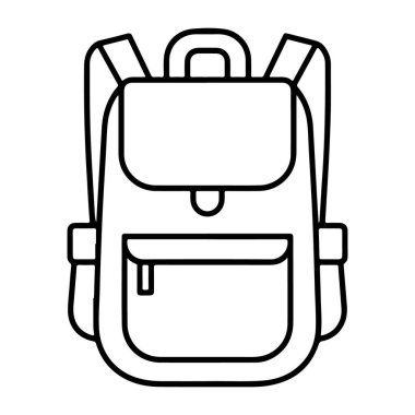 Bir sırt çantasının siyah-beyaz çizgisi çizimi, kapağı ve ön cebi içeriyor..