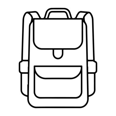 Okul veya seyahat için hazır, geleneksel bir sırt çantasının minimalist siyah beyaz çizimi.