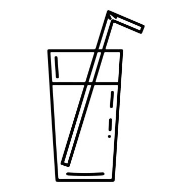 İçinde pipetle içecek olan bir bardağın minimalist siyah beyaz çizimi..