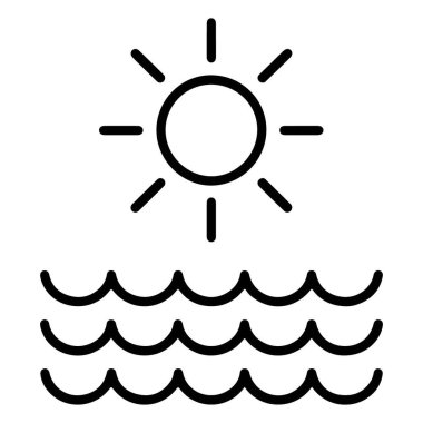 Minimalist bir çizgi, suyu temsil eden üç stilize dalgalı çizginin üzerinde parlak bir güneş tasvir eder..