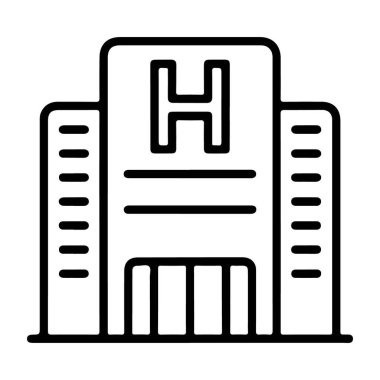 Çok katlı ve pencereli bir hastane binasını temsil eden minimalist siyah beyaz bir çizgi..