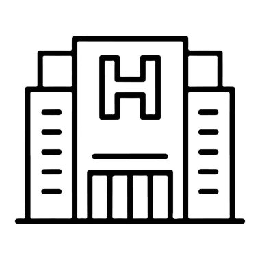 Açık bir 'H' logosuna sahip bir hastane binasını temsil eden minimalist siyah beyaz bir çizgi..