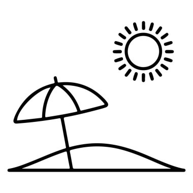 Bir minimalist çizgi, kumlu bir manzaranın üzerinde bir plaj şemsiyesi ve parlak bir güneş tasvir eder..