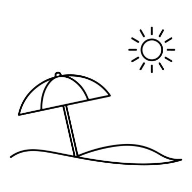 Minimalist bir tasvirde kumsalda güneşli bir plaj şemsiyesi tasvir edilir..
