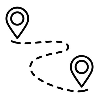 İki harita iğne işaretçisini birbirine bağlayan çizgi gösteren minimalist bir siyah beyaz simge.