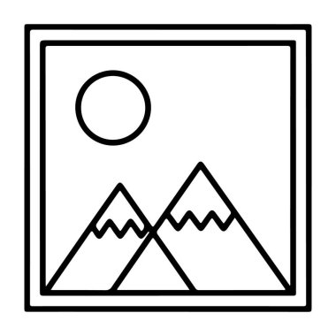 Dağları, güneşi ve çerçeveli manzarayı resmeden minimalist siyah beyaz bir çizgi..