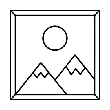 Çerçevelenmiş bir dağ manzarasının dairesel güneşli basit, temiz bir çizgisi..