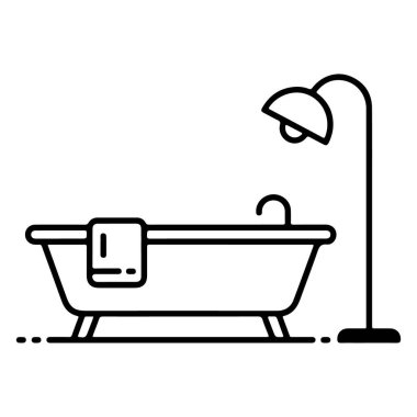 Minimalist bir çizgi, havlusu ve modern bir lambası olan serbest bir küveti resmediyor..