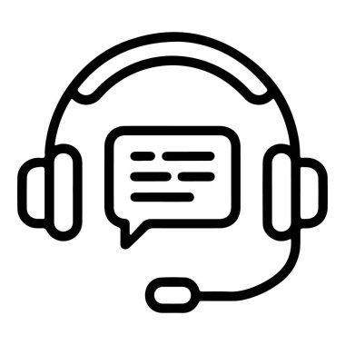 Mikrofon ve konuşma baloncuğu olan bir kulaklığın basit siyah beyaz çizimi.