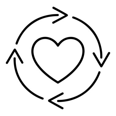 Yuvarlak bir ok döngüsüyle çevrili bir kalbin minimalist çizimi, devam eden aşkı ya da kalp atışını temsil eder..