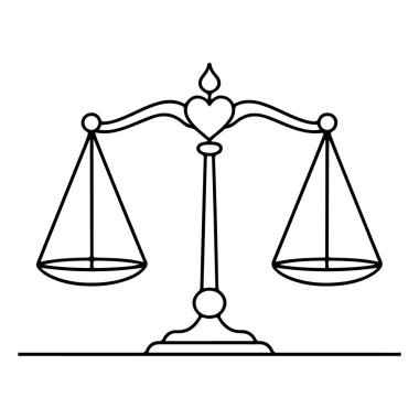 Aşkı ve adaleti sembolize eden, uç noktadaki bir kalple denge ölçeğinin minimalist çizimi..
