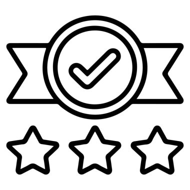 Kaliteli bir ödülü işaret ve yıldızlarla temsil eden basit bir çizgi resim simgesi.