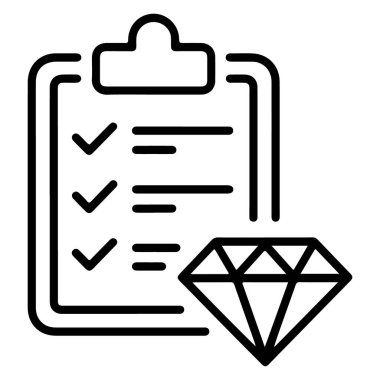 Mücevher değerlendirmesini sembolize eden kontrol işaretli ve pırlantalı bir kontrol listesi tasvir eden bir simge.