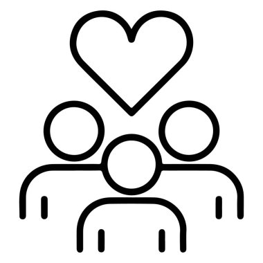 Bir minimalist ana hat ikonu, sevgi ve bağlantıyı temsil eden bir kalp sembolü altında birleşmiş üç figür tasvir eder..