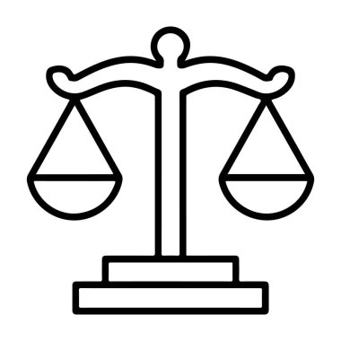 Klasik bir denge ölçeğinin minimalist çizimi, adalet, yargı ve hukuki kavramları temsil eder..