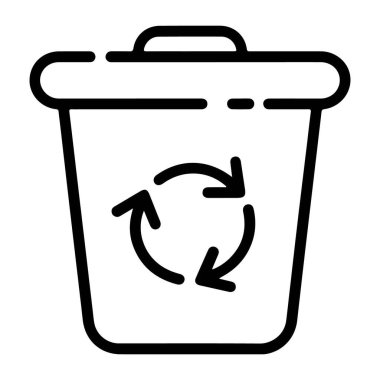 Evrensel geri dönüşüm sembolünün yer aldığı çöp kutusunun minimalist siyah beyaz çizgisi..