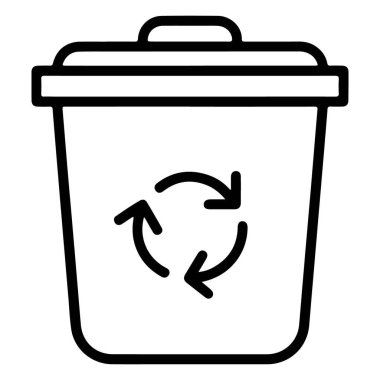 Evrensel geri dönüşüm sembolünü içeren kapaklı bir çöp kutusunun minimalist siyah beyaz çizimi.
