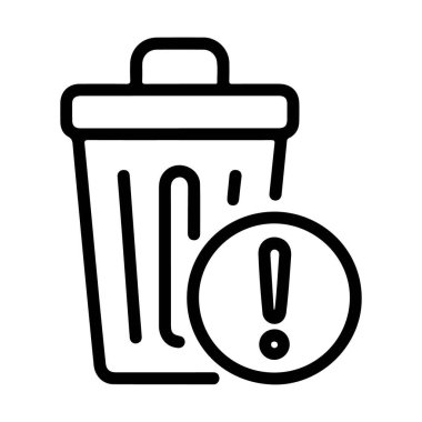 Bir çöp kutusunun yanında uyarı sembolü olan basit bir siyah beyaz çizgi çizimi.