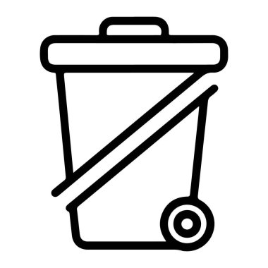 Tekerlekleri ve kapağı olan bir çöp kutusunun minimalist siyah beyaz çizimi.