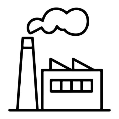 Minimalist bir çizgi, uzun bacalı ve dumanlı bir fabrikayı resmediyor..