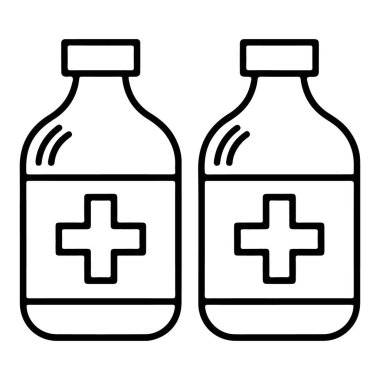 Etiketlerinde haç sembolleri olan tıpatıp aynı iki tıbbi şişeyi gösteren basit bir çizim çizimi..