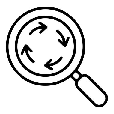 İçinde dört eğri ok olan bir büyüteç çizimi arama ve analizi sembolize ediyor..