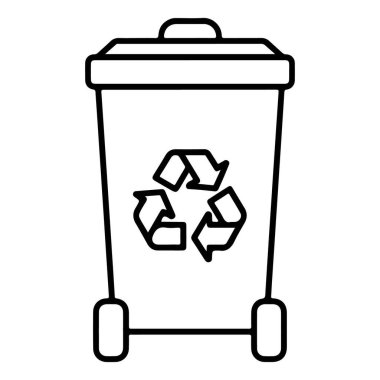 Tekerlekleri ve evrensel geri dönüşüm sembolü olan standart bir geri dönüşüm kutusunun temiz, minimalist çizgisi..