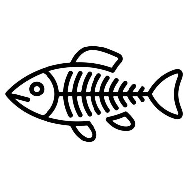 Minimalist bir siyah beyaz çizim bir balık iskeleti, yandan bakıldığında.