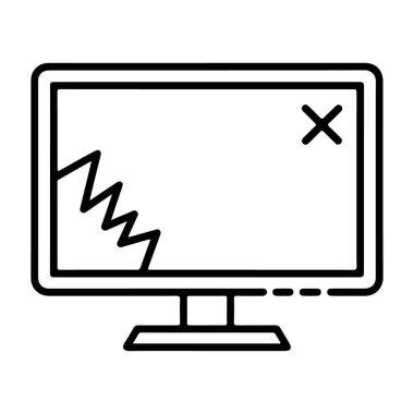 Kırık bir ekran ve X sembolü ile hasarlı bir bilgisayar monitörünü gösteren basit bir çizgi resim simgesi.