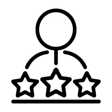 Bir minimalist çizgi sanat ikonu, altında üç yıldız bulunan, kaliteyi veya başarıyı simgeleyen bir insan figürünü tasvir eder..